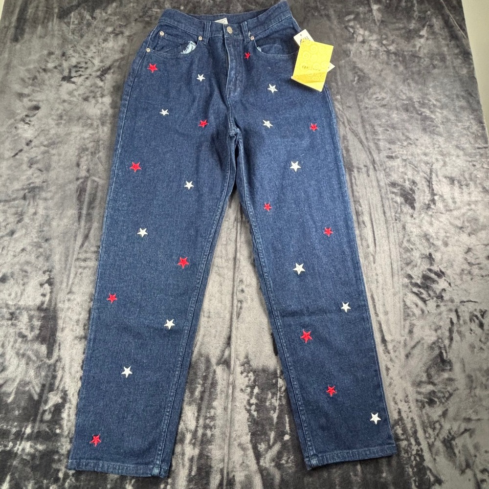 Quacker Factory Jeans Womens 8 Blue Embroidered Stars High Rise Straight Leg
